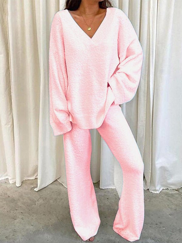 Women's Soft V-Neck Lounge Set – Slouchy Long-Sleeve Top