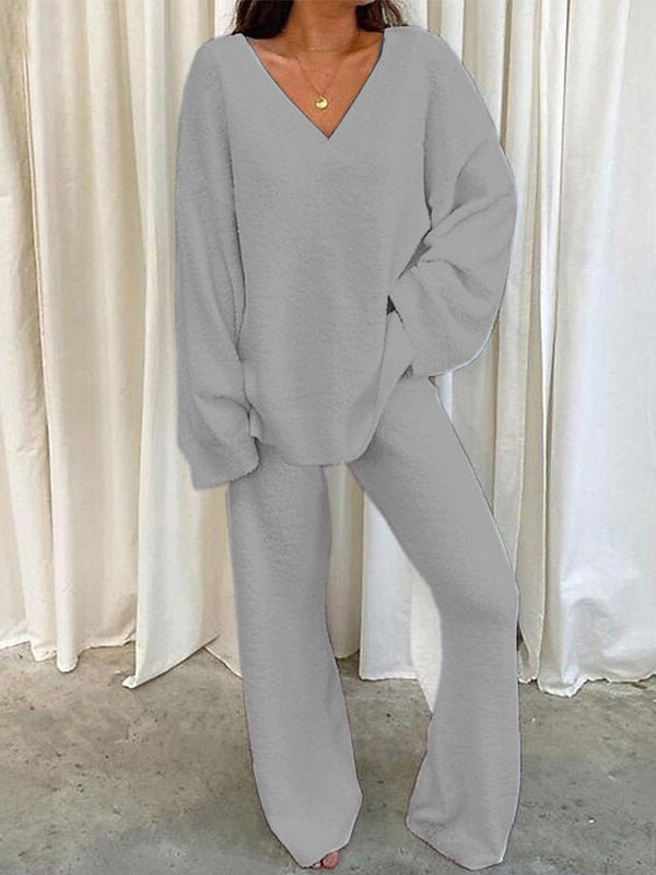 Women's Soft V-Neck Lounge Set – Slouchy Long-Sleeve Top