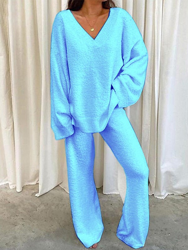 Women's Soft V-Neck Lounge Set – Slouchy Long-Sleeve Top