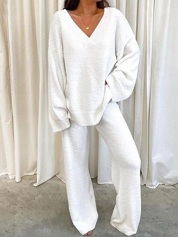 Women's Soft V-Neck Lounge Set – Slouchy Long-Sleeve Top