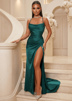 Satin Bodycon Gown with Lace-Up Back and Split