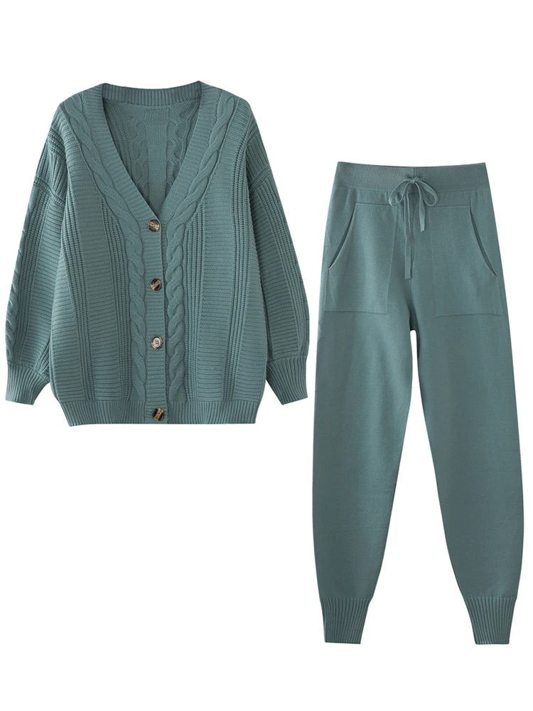 Women's Cable Knit Button-Up Cardigan and Drawstring Jogger Trousers Set