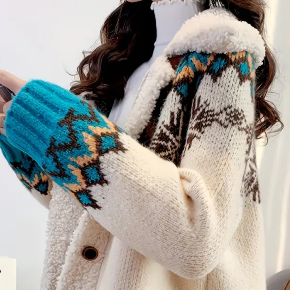 Nordic Knit Cardigan with Fleece Collar & Buttons