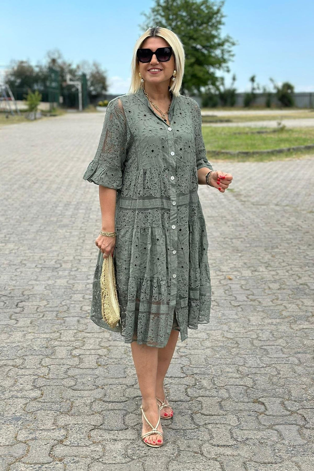 A-Line Dress Three-Quarter Sleeves Front Button | Meave & Ivy