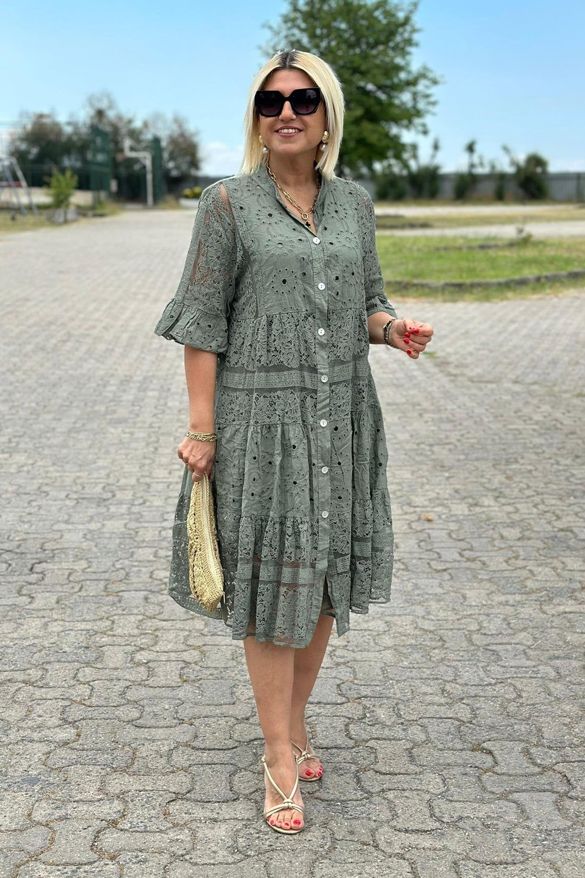 A-Line Dress Three-Quarter Sleeves Front Button | Meave & Ivy