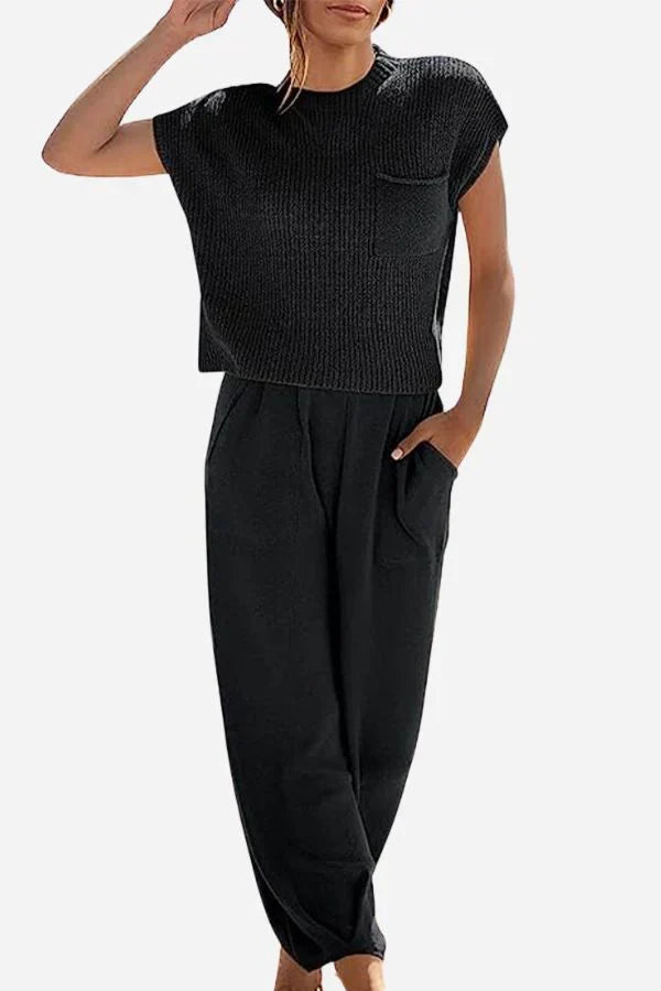 Women's Ribbed Knit Short-Sleeve Top and Wide-Leg Trousers Set