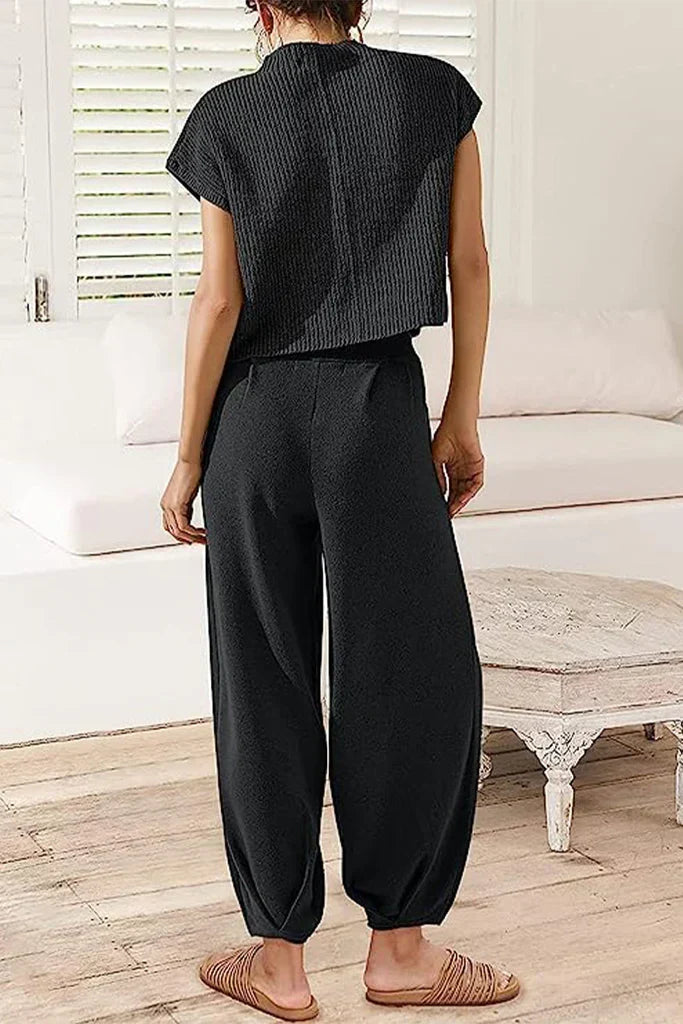 Women's Ribbed Knit Short-Sleeve Top and Wide-Leg Trousers Set