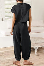 Women's Ribbed Knit Short-Sleeve Top and Wide-Leg Trousers Set