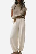 Women's Ribbed Knit Short-Sleeve Top and Wide-Leg Trousers Set