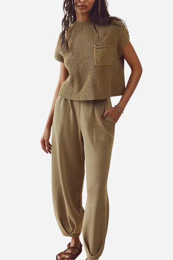 Women's Ribbed Knit Short-Sleeve Top and Wide-Leg Trousers Set