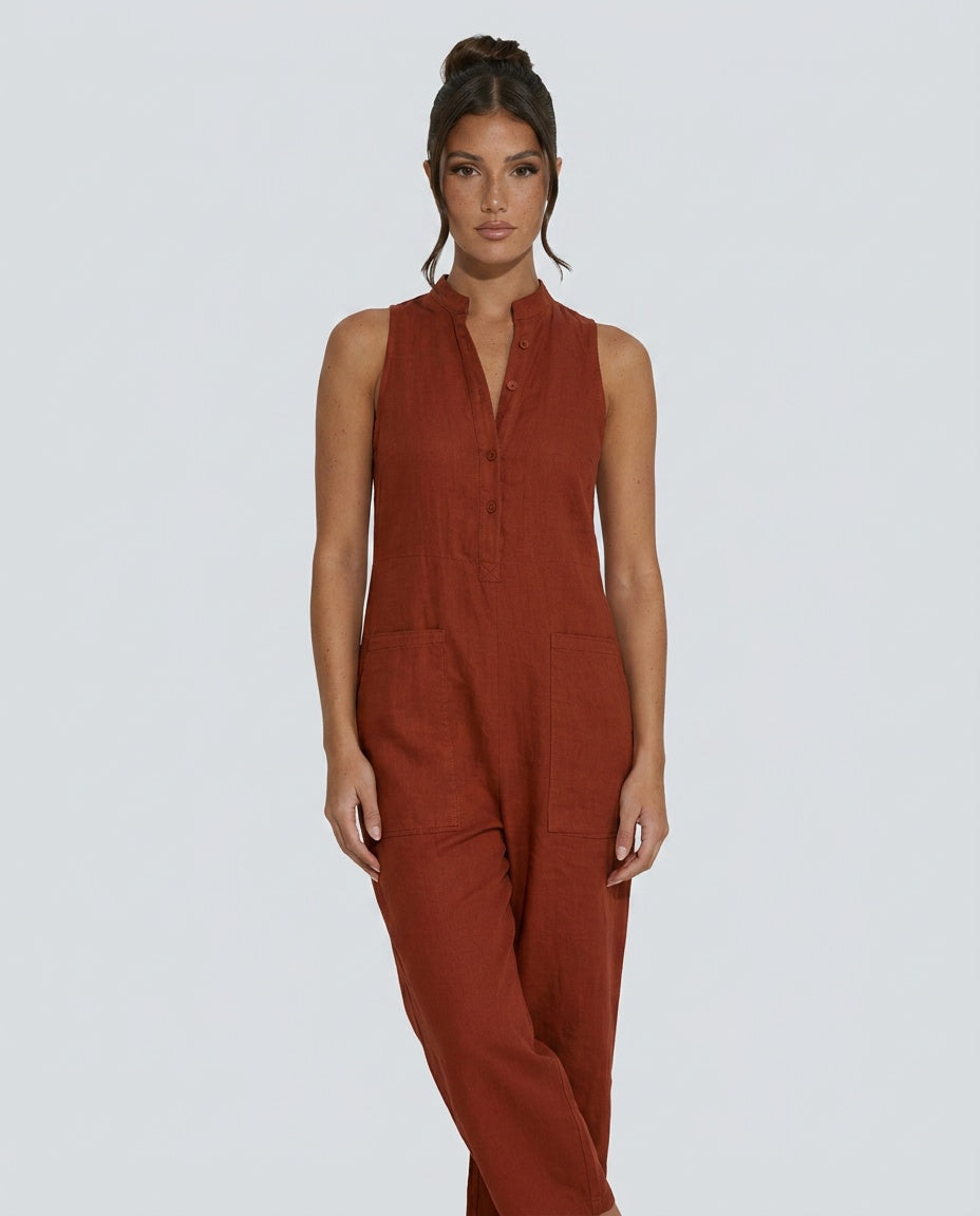 Linen-Blend Sleeveless Loose Jumpsuit