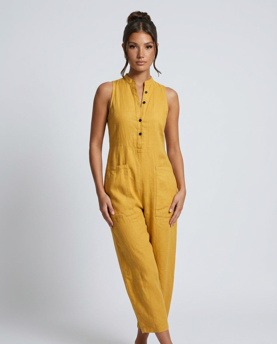 Linen-Blend Sleeveless Loose Jumpsuit