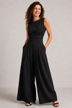 Olive Green Linen-Look Wide Leg Jumpsuit – Women's High Neck Summer Jumpsuit