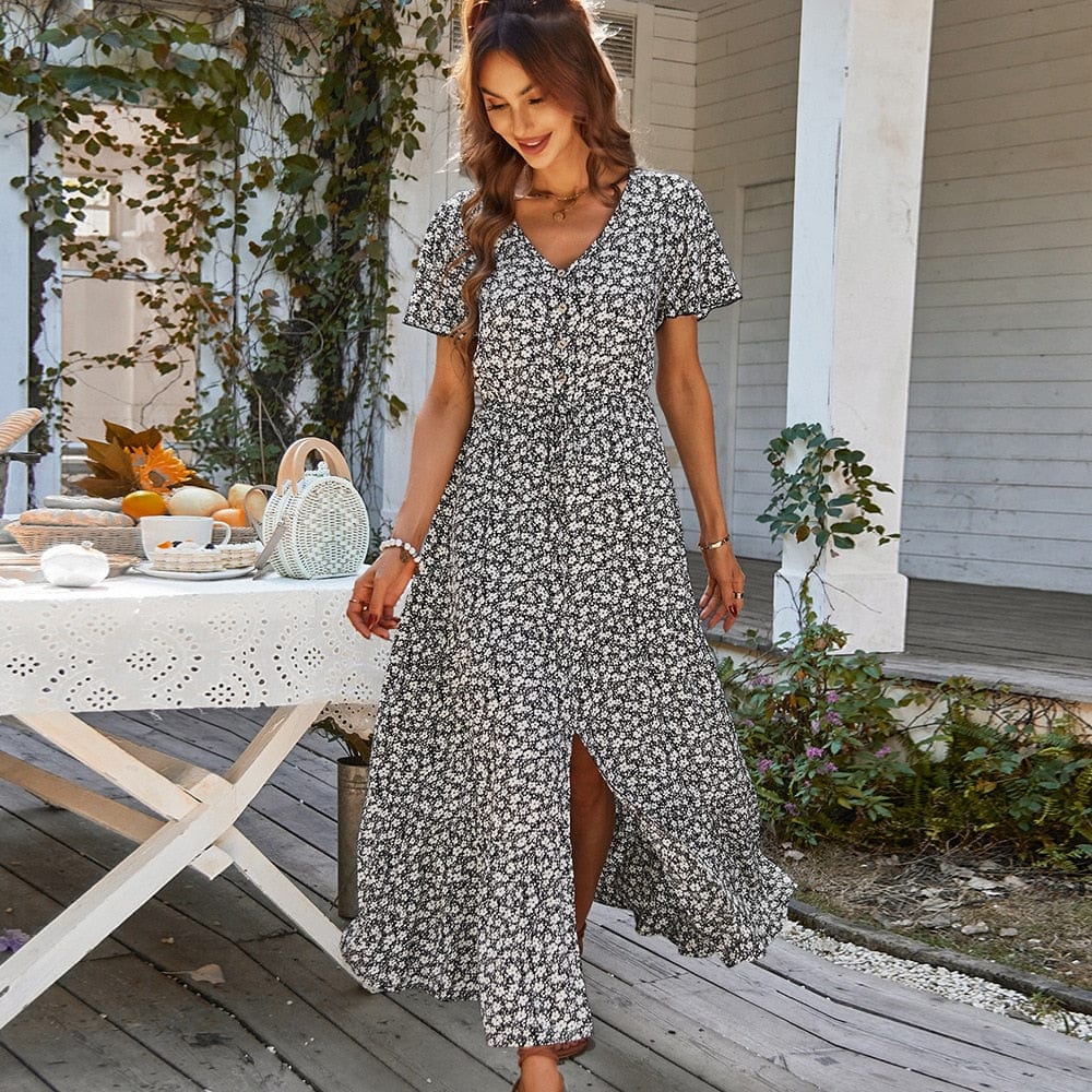 Black Bohemian V-Neck Dress – Women's Boho Summer Beach & Holiday Dress | Meave & Ivy
