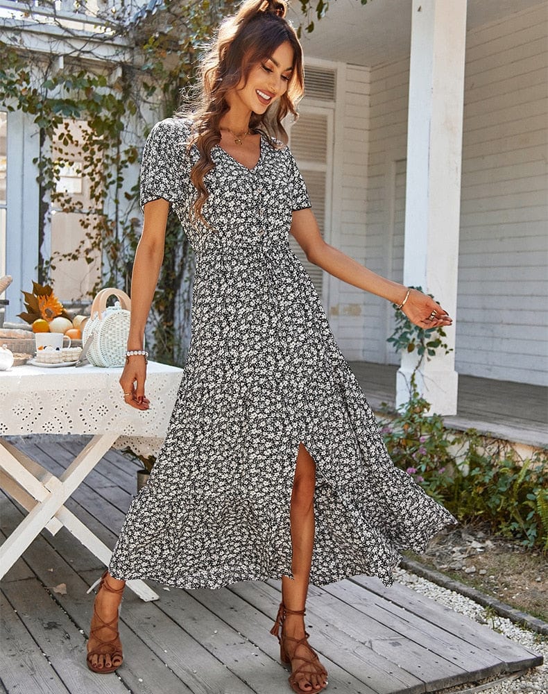 Black Bohemian V-Neck Dress – Women's Boho Summer Beach & Holiday Dress | Meave & Ivy
